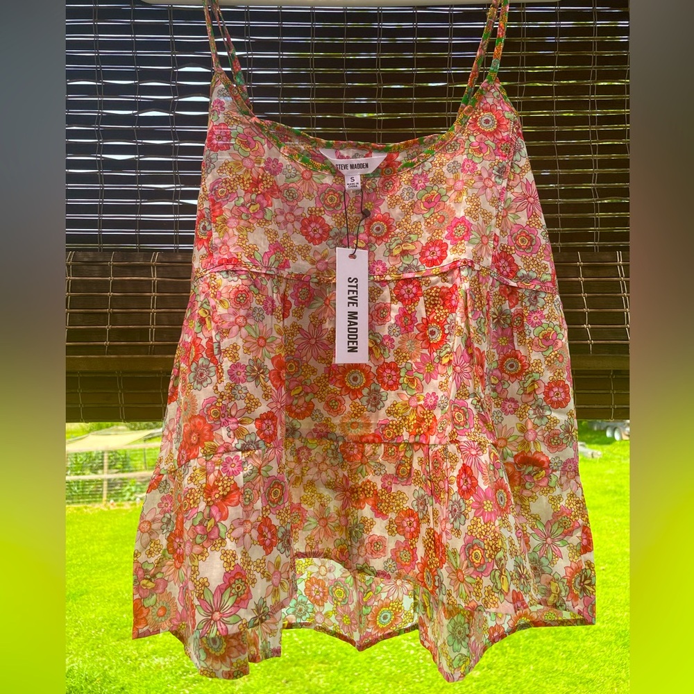 NWT Steve Madden cotton floral babydoll spaghetti strap floaty layered pink top